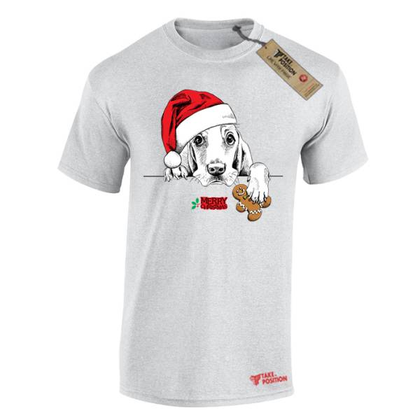 Χριστουγεννιάτικα Ανδρικά μπλουζάκια βαμβακερά Takeposition ,Santa claus dog, Γκρι, 320-3002-07 