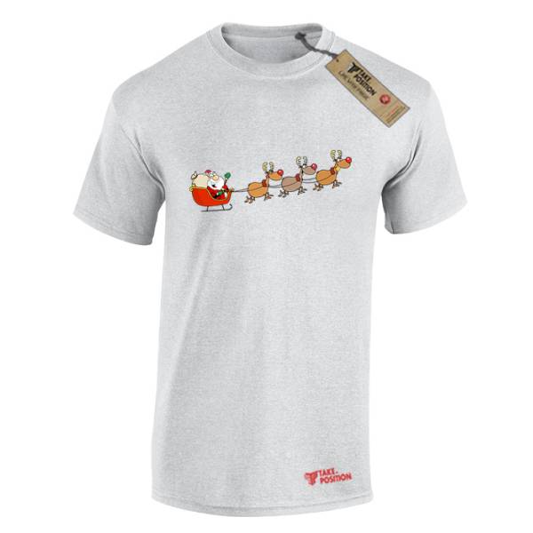 Χριστουγεννιάτικα Ανδρικά μπλουζάκια βαμβακερά Takeposition , Santa claus with Reindeer, Γκρι, 320-3003-07 