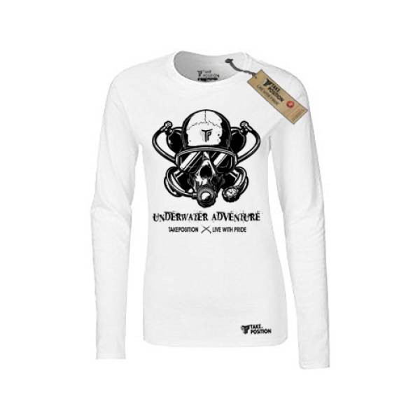 Takeposition γυναικεία μπλούζα μακρυμάνικη λεπτή, Underwater adventure, λευκό, 505-5519 