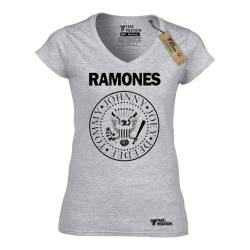 Γυναικεία μπλούζα με V λαιμόκοψη Takeposition Ramones γκρι, 502-7504